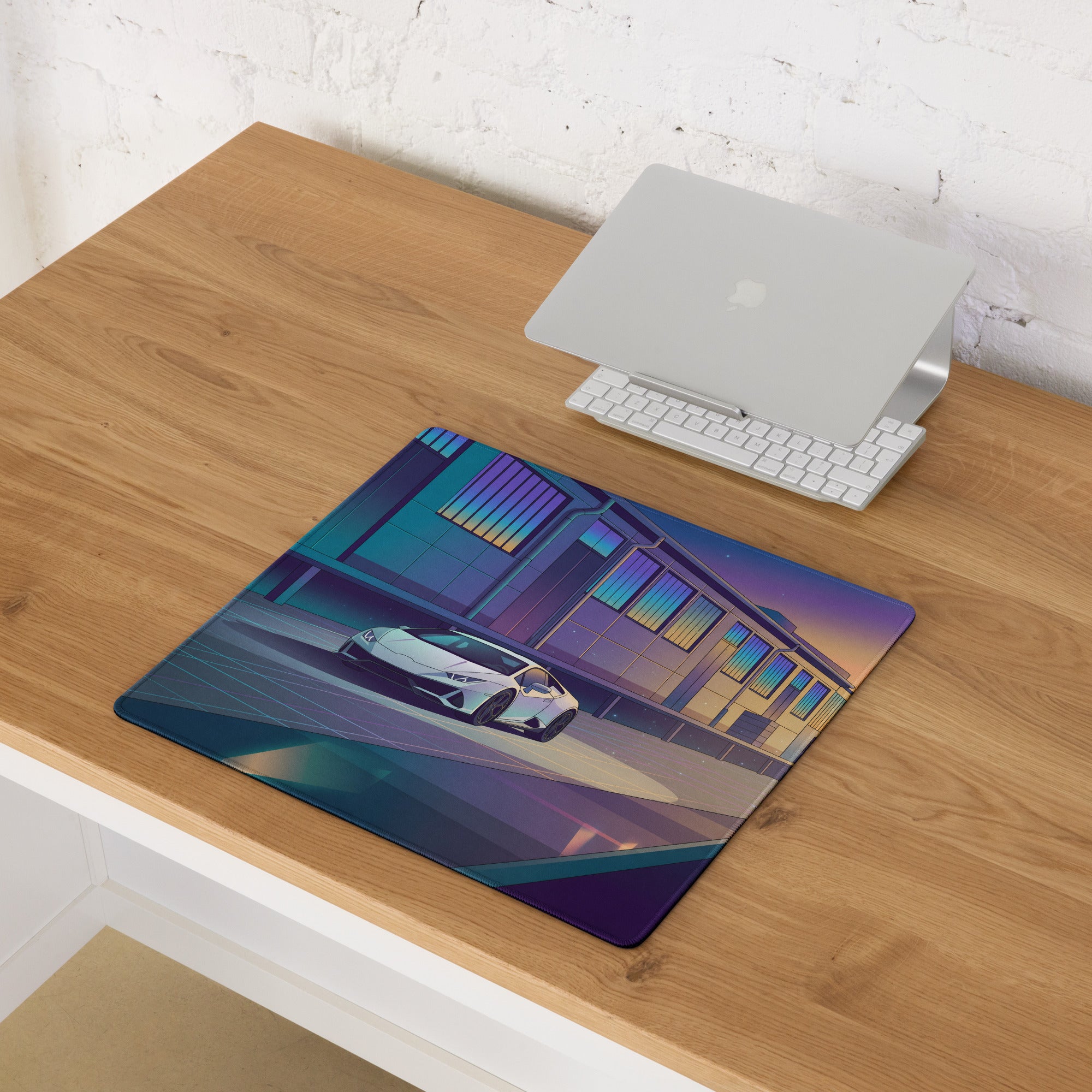 Lamborghini Huracán EVO Inspired White Blue Vaporwave Gaming Mouse Pad – Sunset Industrial Garage Desk Mat, Retro Futuristic Supercar Digital Art