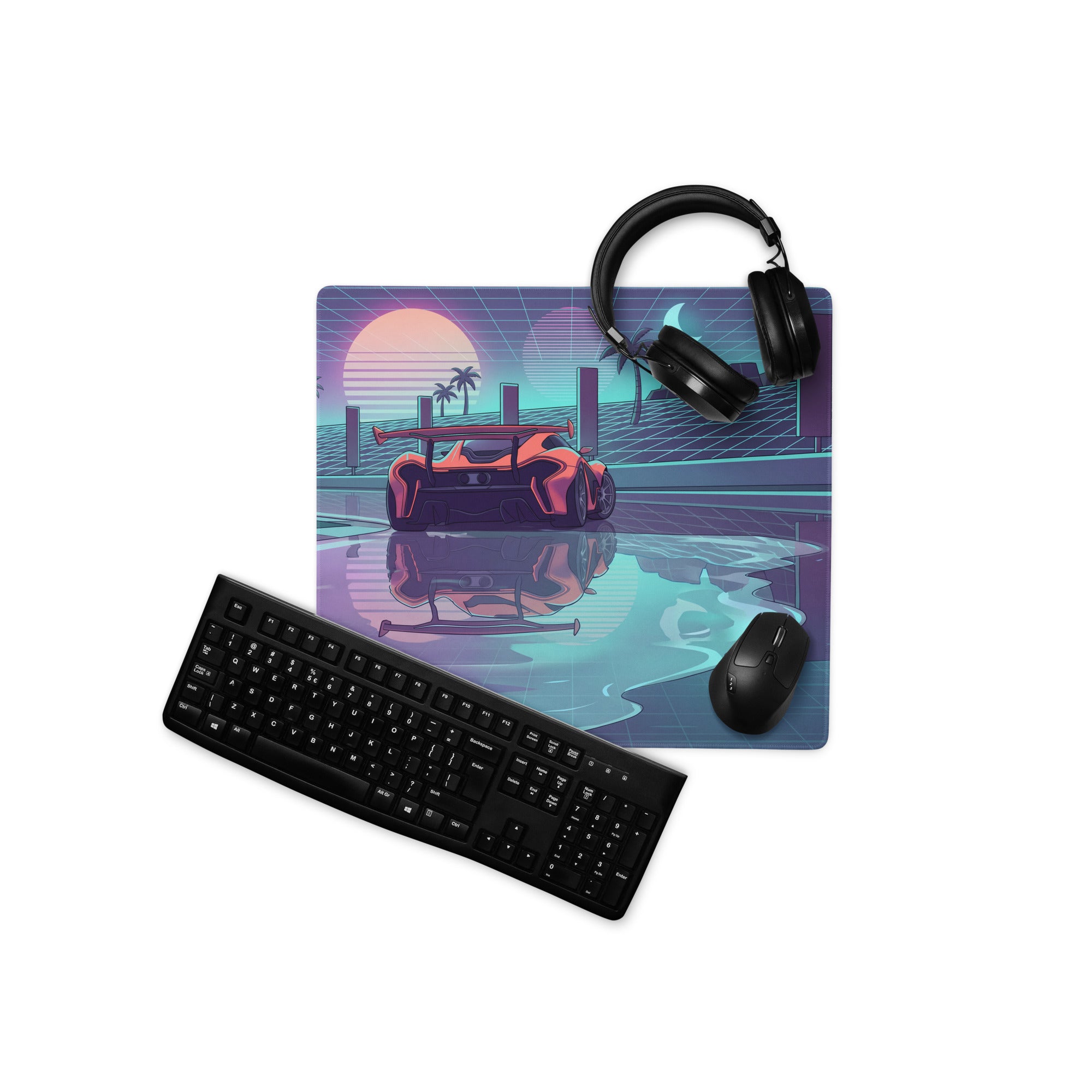 McLaren Senna Inspired Orange Purple Vaporwave Gaming Mouse Pad – Neon Grid Sunset Desk Mat, Retro Futuristic Supercar Digital Art, Synthwave Decor