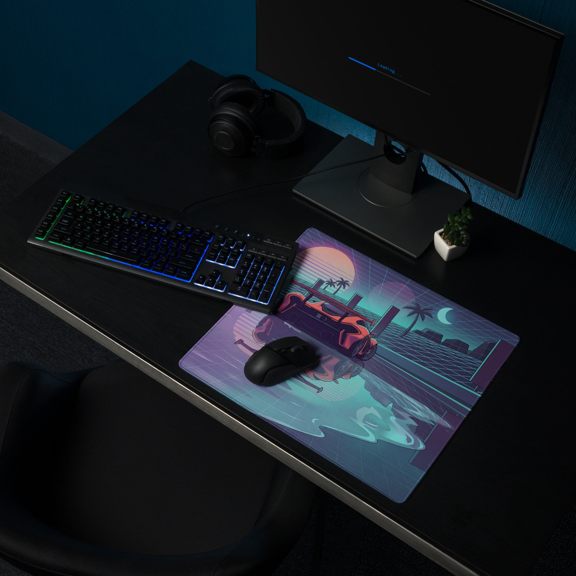 McLaren Senna Inspired Orange Purple Vaporwave Gaming Mouse Pad – Neon Grid Sunset Desk Mat, Retro Futuristic Supercar Digital Art, Synthwave Decor