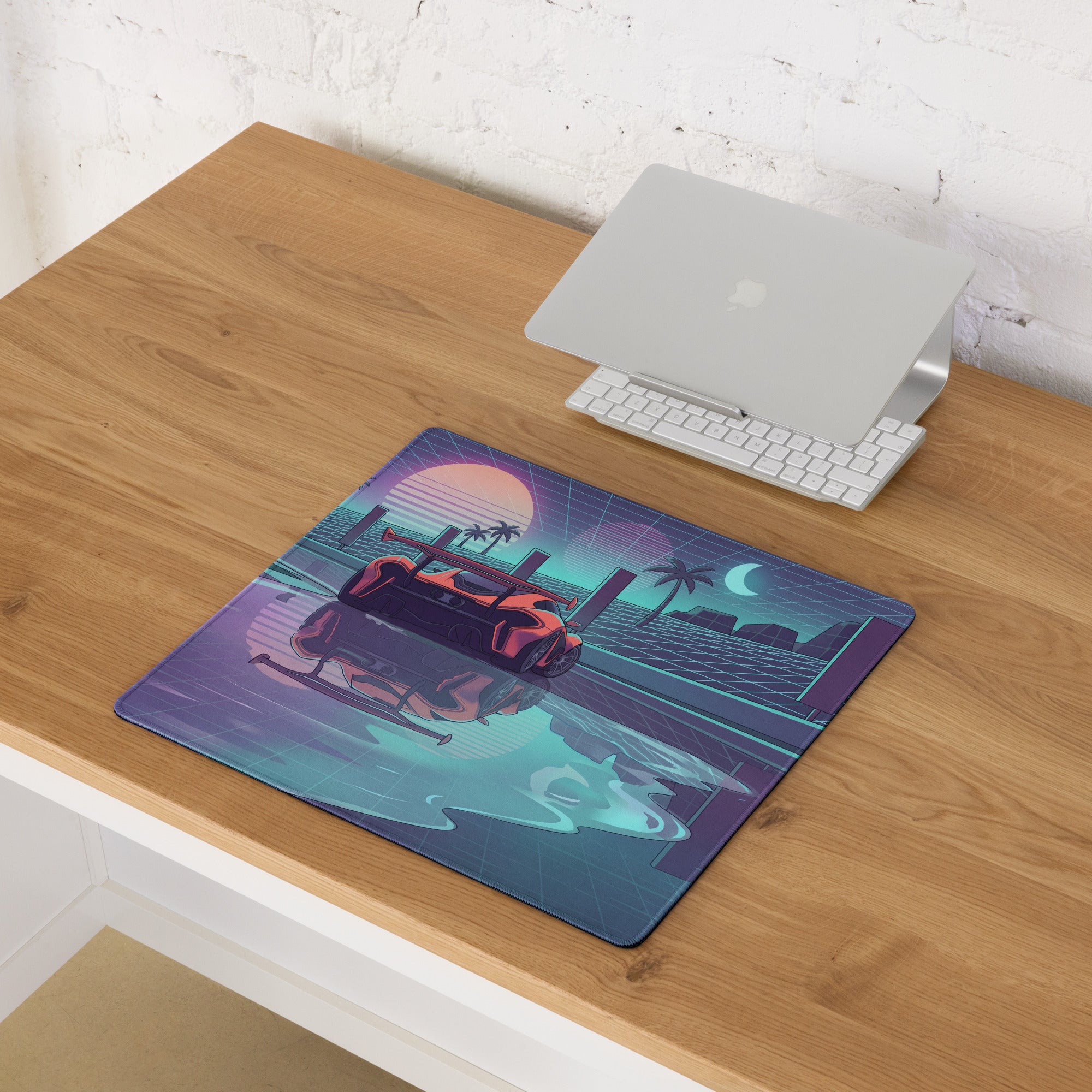 McLaren Senna Inspired Orange Purple Vaporwave Gaming Mouse Pad – Neon Grid Sunset Desk Mat, Retro Futuristic Supercar Digital Art, Synthwave Decor