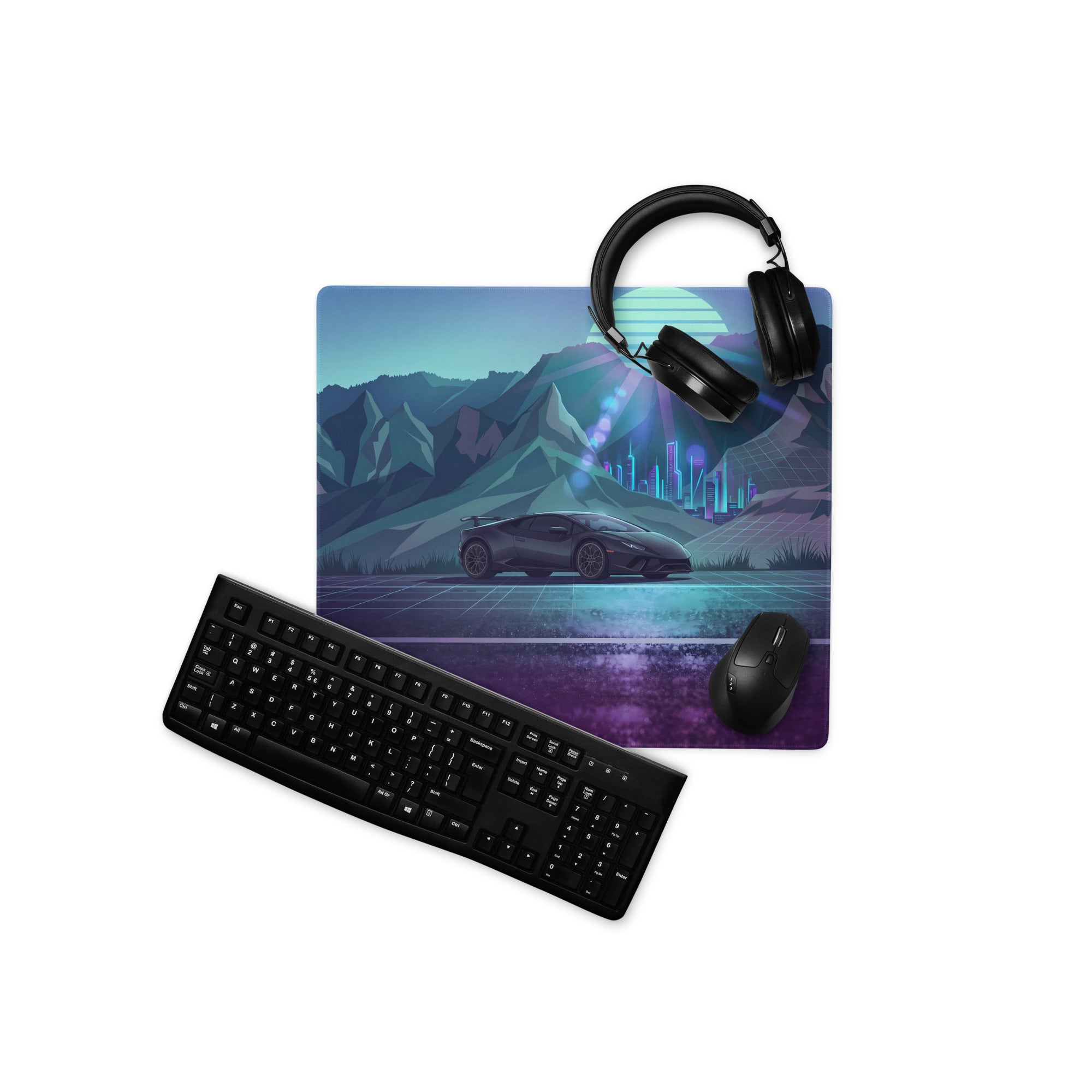 Lamborghini Huracán STO Inspired Black Blue Vaporwave Gaming Mouse Pad – Neon Mountain City Desk Mat, Retro Futuristic Supercar Digital Artwork