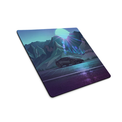 Lamborghini Huracán STO Inspired Black Blue Vaporwave Gaming Mouse Pad – Neon Mountain City Desk Mat, Retro Futuristic Supercar Digital Artwork