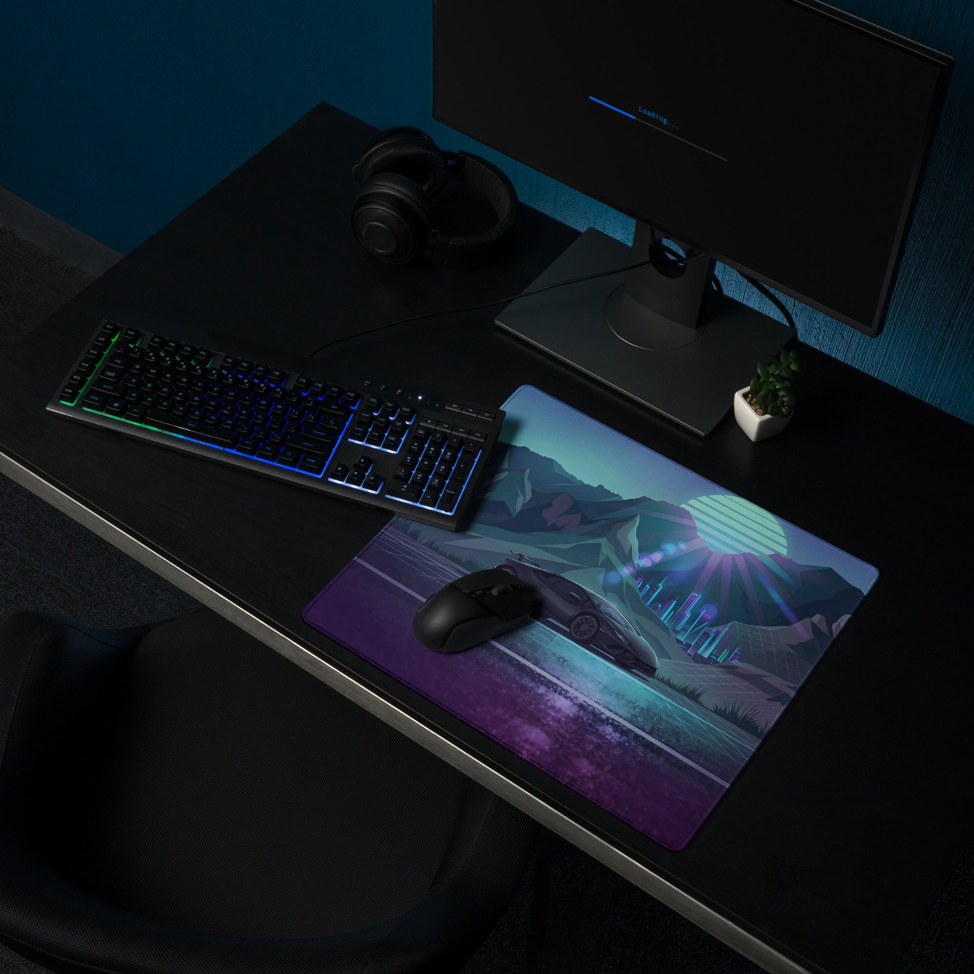 Lamborghini Huracán STO Inspired Black Blue Vaporwave Gaming Mouse Pad – Neon Mountain City Desk Mat, Retro Futuristic Supercar Digital Artwork