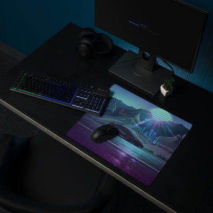 Lamborghini Huracán STO Inspired Black Blue Vaporwave Gaming Mouse Pad – Neon Mountain City Desk Mat, Retro Futuristic Supercar Digital Artwork
