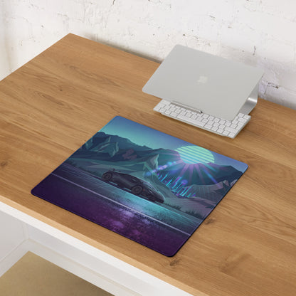 Lamborghini Huracán STO Inspired Black Blue Vaporwave Gaming Mouse Pad – Neon Mountain City Desk Mat, Retro Futuristic Supercar Digital Artwork