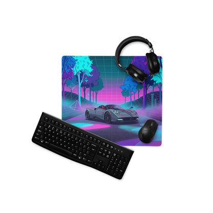 Pagani Huayra Roadster Inspired Silver Pink Vaporwave Gaming Mouse Pad – Neon Forest Grid Desk Mat, Retro Futuristic Hypercar Digital Art