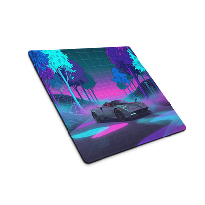 Pagani Huayra Roadster Inspired Silver Pink Vaporwave Gaming Mouse Pad – Neon Forest Grid Desk Mat, Retro Futuristic Hypercar Digital Art