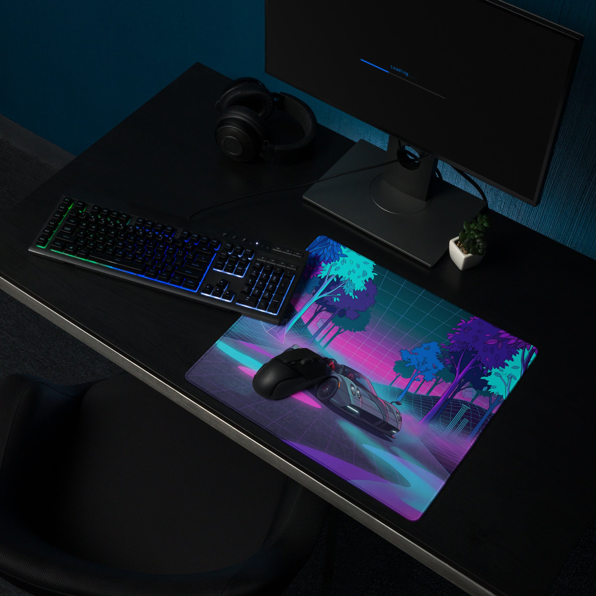 Pagani Huayra Roadster Inspired Silver Pink Vaporwave Gaming Mouse Pad – Neon Forest Grid Desk Mat, Retro Futuristic Hypercar Digital Art