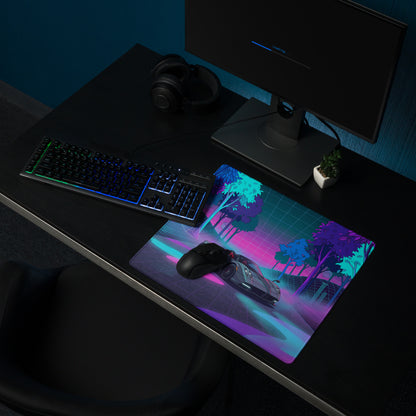 Pagani Huayra Roadster Inspired Silver Pink Vaporwave Gaming Mouse Pad – Neon Forest Grid Desk Mat, Retro Futuristic Hypercar Digital Art