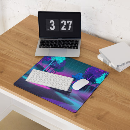 Pagani Huayra Roadster Inspired Silver Pink Vaporwave Gaming Mouse Pad – Neon Forest Grid Desk Mat, Retro Futuristic Hypercar Digital Art
