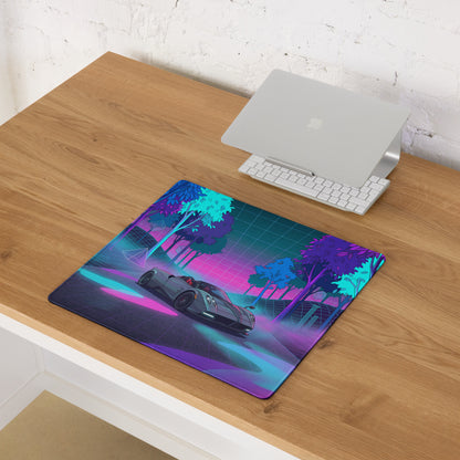 Pagani Huayra Roadster Inspired Silver Pink Vaporwave Gaming Mouse Pad – Neon Forest Grid Desk Mat, Retro Futuristic Hypercar Digital Art