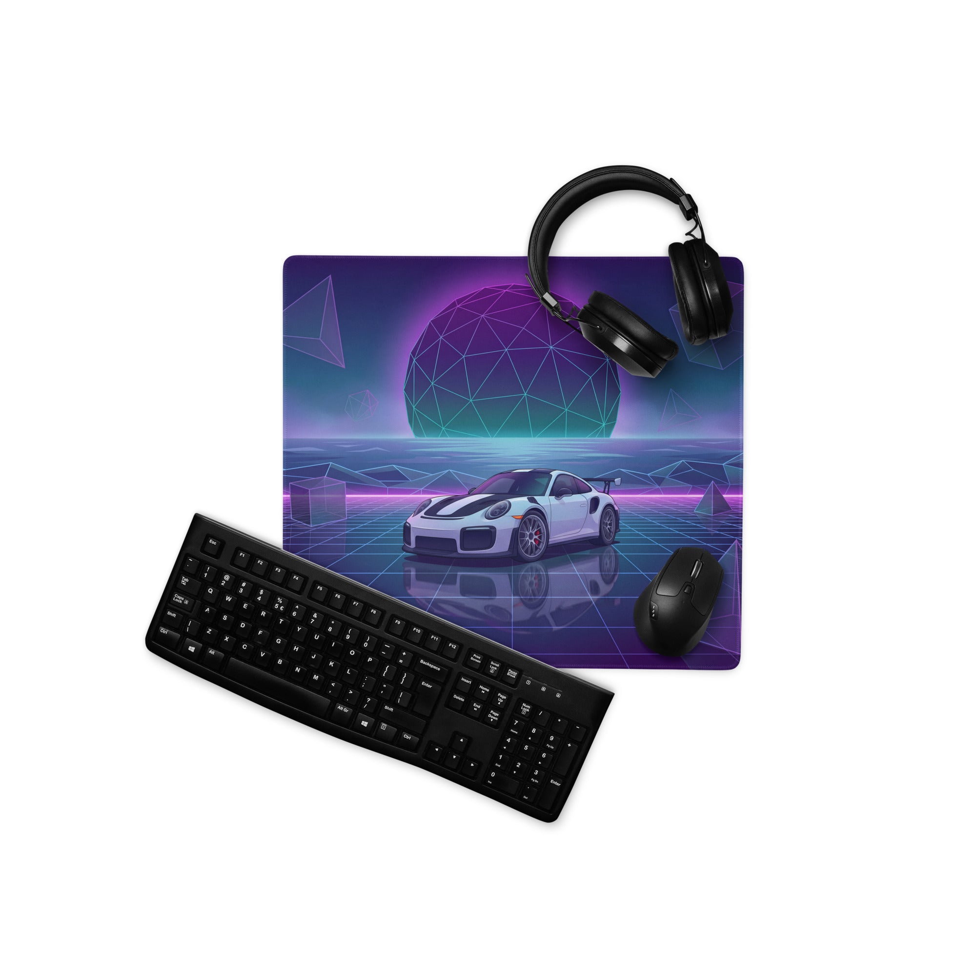 Porsche 911 GT2 RS Inspired White Purple Vaporwave Gaming Mouse Pad – Neon Geometric Grid Desk Mat, Retro Futuristic Sports Car Digital Art