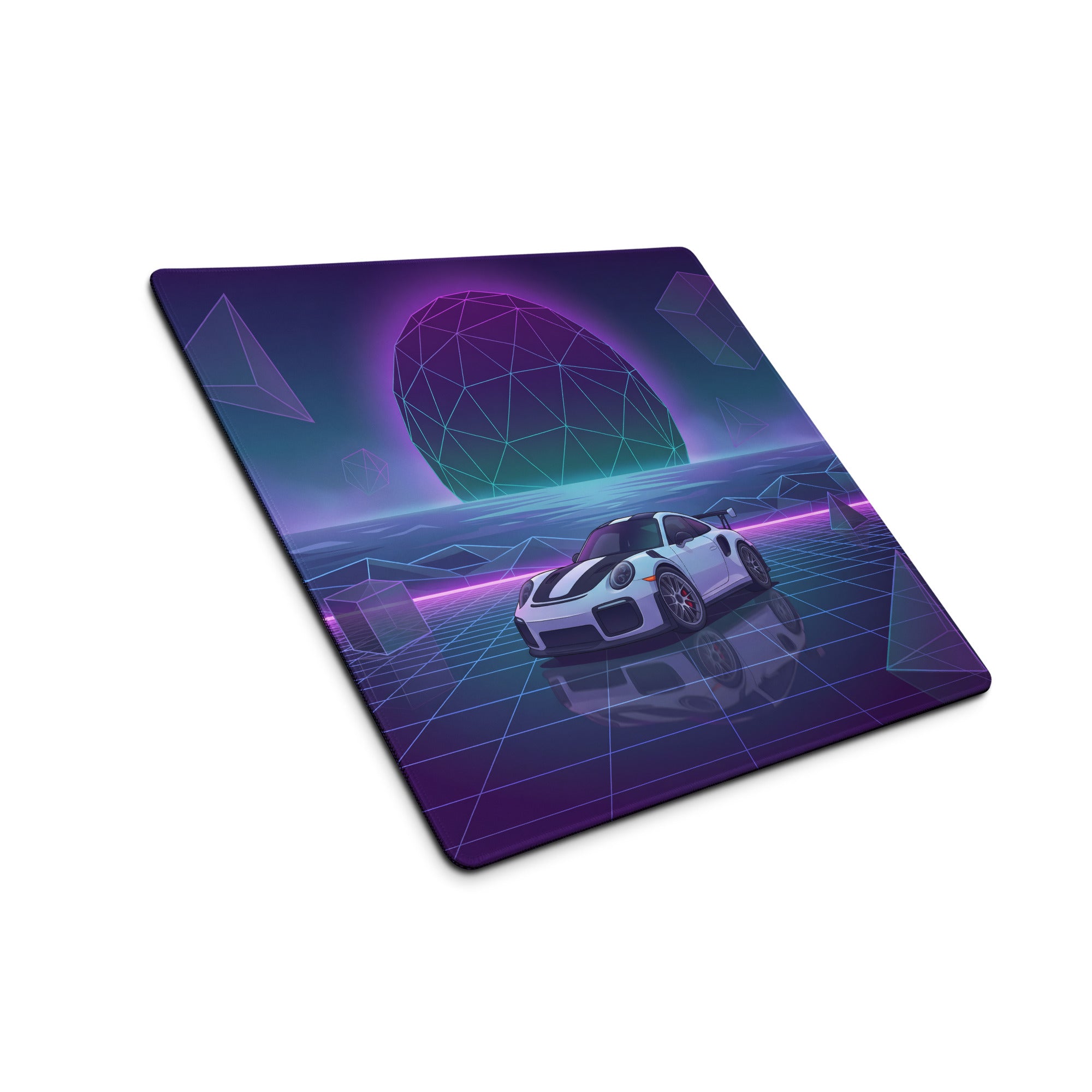 Porsche 911 GT2 RS Inspired White Purple Vaporwave Gaming Mouse Pad – Neon Geometric Grid Desk Mat, Retro Futuristic Sports Car Digital Art