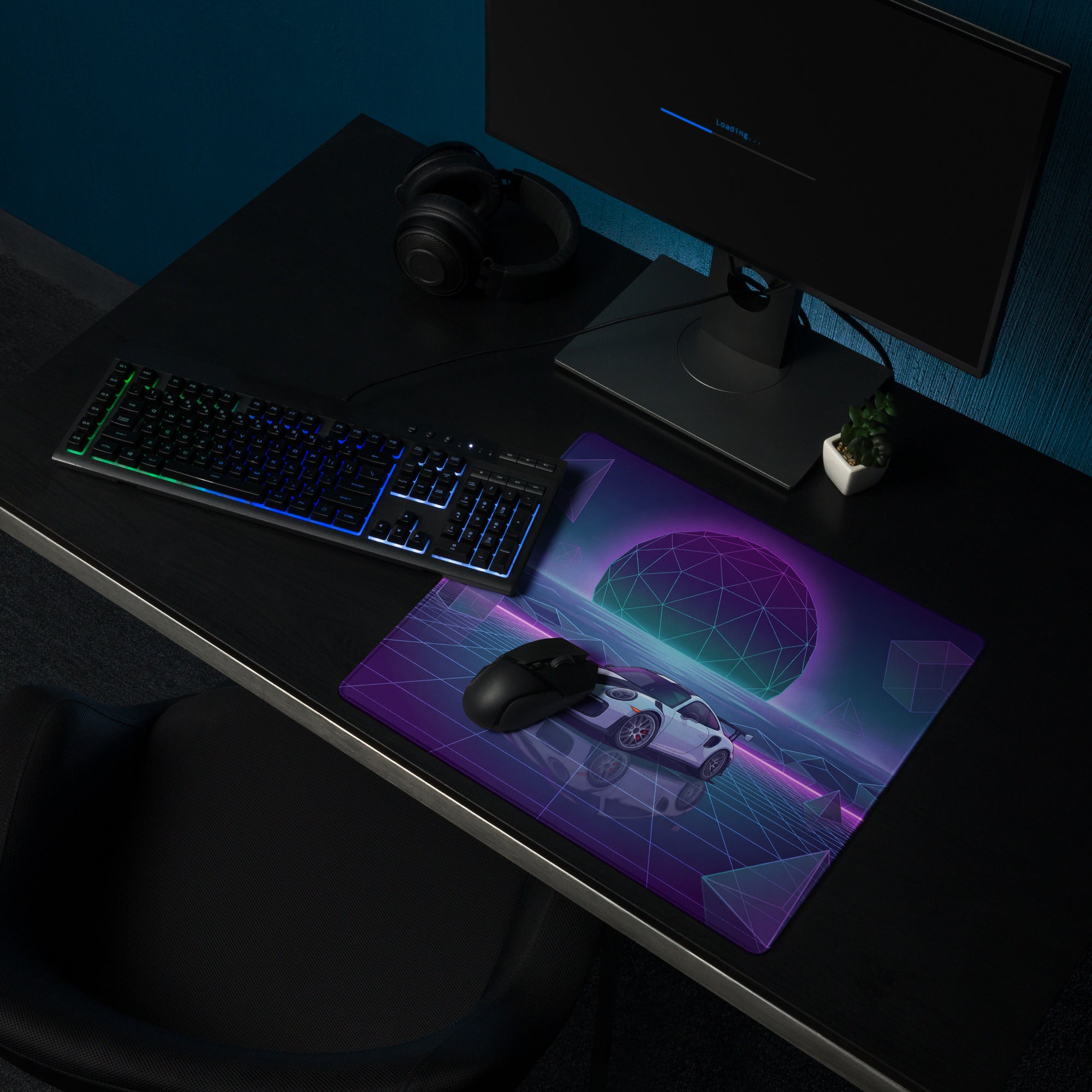 Porsche 911 GT2 RS Inspired White Purple Vaporwave Gaming Mouse Pad – Neon Geometric Grid Desk Mat, Retro Futuristic Sports Car Digital Art