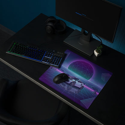 Porsche 911 GT2 RS Inspired White Purple Vaporwave Gaming Mouse Pad – Neon Geometric Grid Desk Mat, Retro Futuristic Sports Car Digital Art