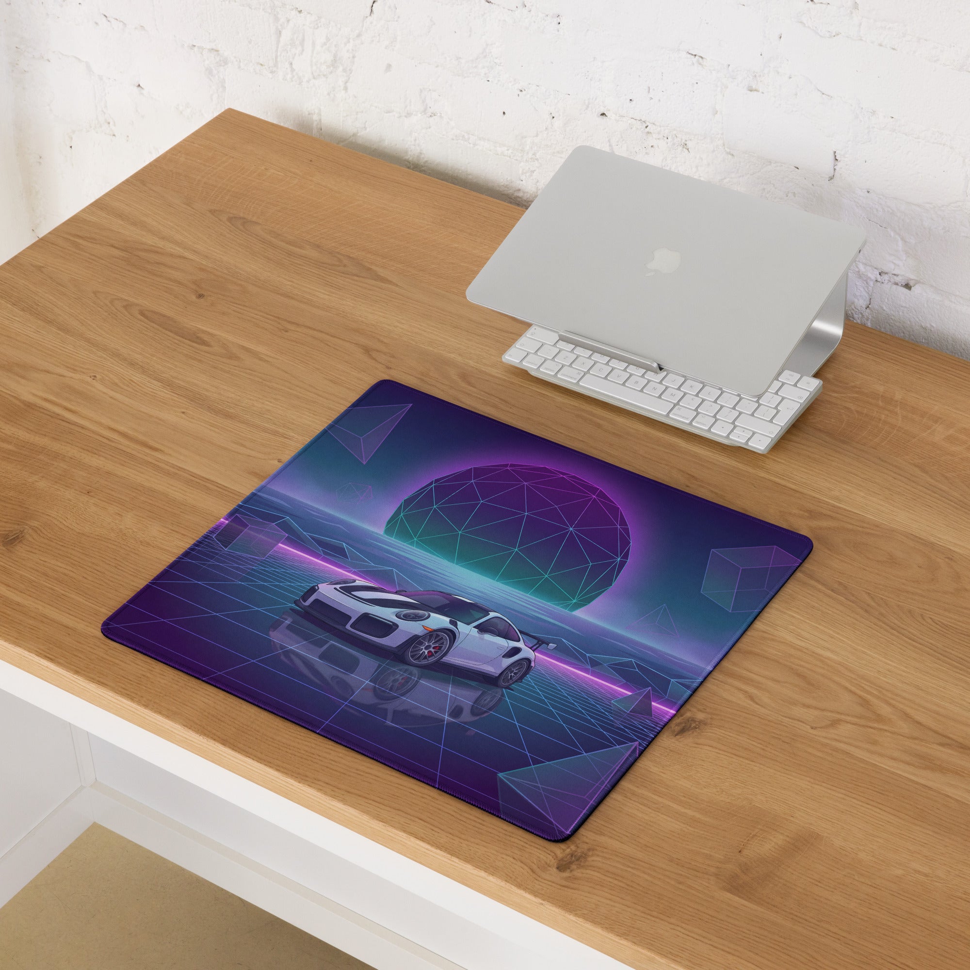 Porsche 911 GT2 RS Inspired White Purple Vaporwave Gaming Mouse Pad – Neon Geometric Grid Desk Mat, Retro Futuristic Sports Car Digital Art