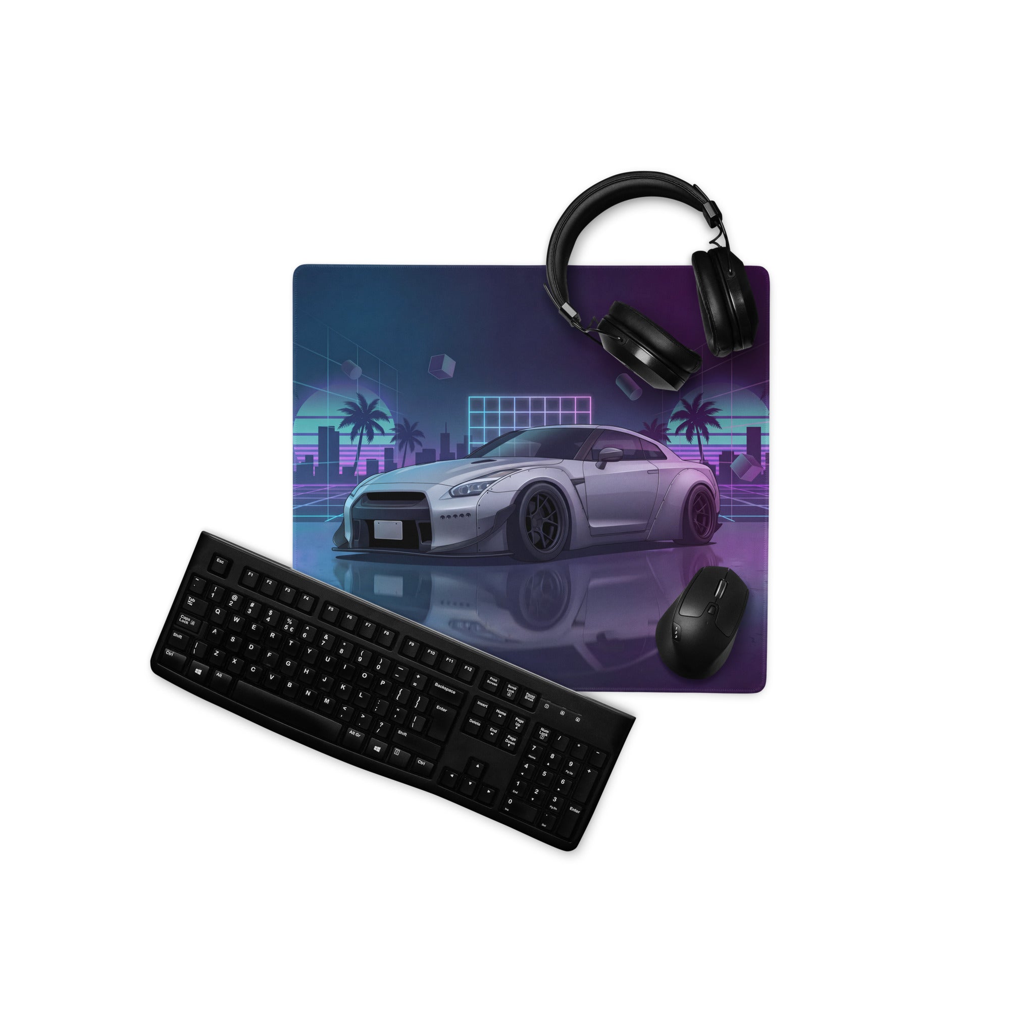 Nissan GT-R R35 Inspired Silver Purple Vaporwave Gaming Mouse Pad – Neon City Grid Desk Mat, Retro Futuristic JDM Sports Car Digital Art