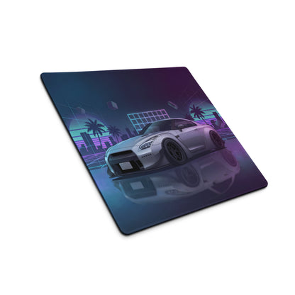 Nissan GT-R R35 Inspired Silver Purple Vaporwave Gaming Mouse Pad – Neon City Grid Desk Mat, Retro Futuristic JDM Sports Car Digital Art
