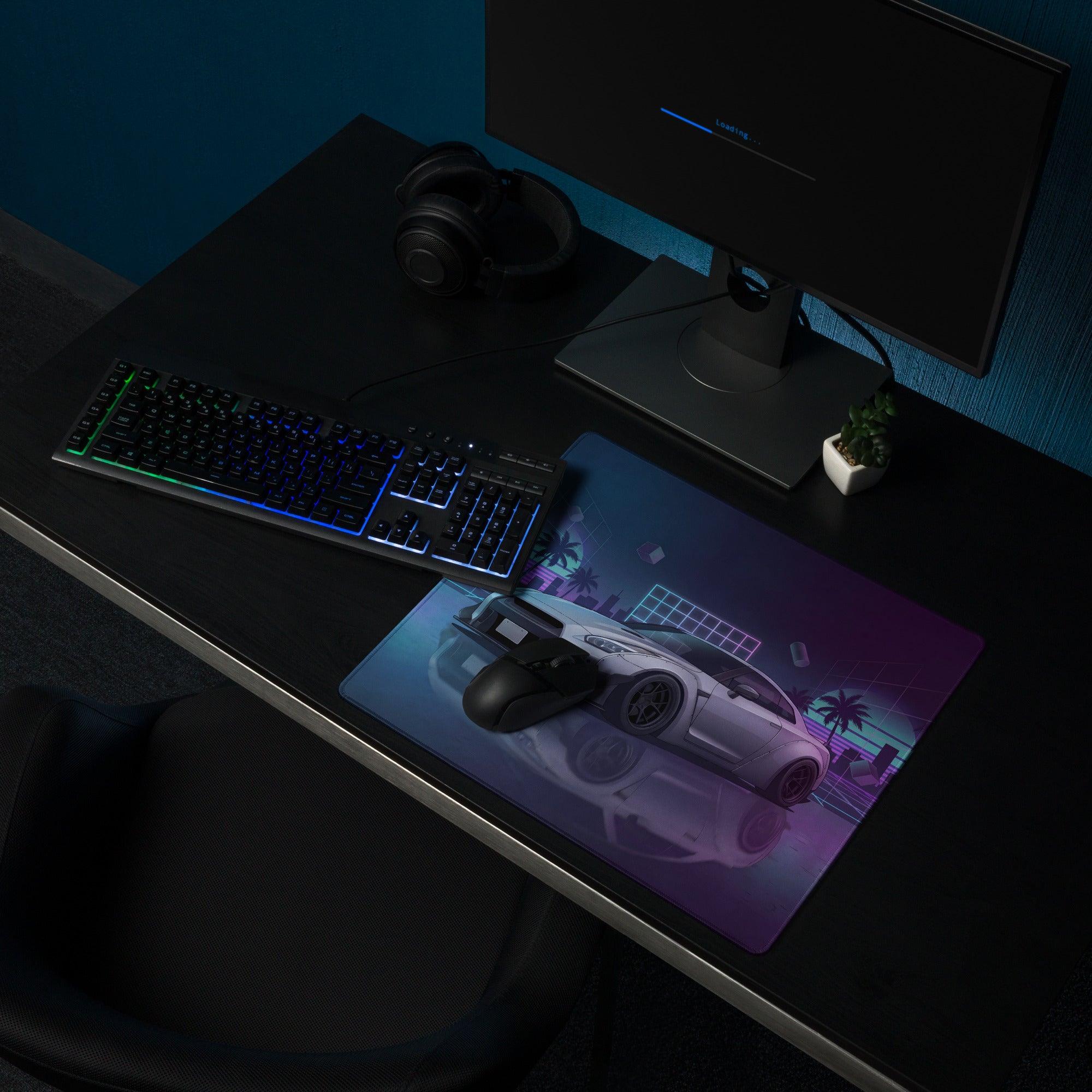 Nissan GT-R R35 Inspired Silver Purple Vaporwave Gaming Mouse Pad – Neon City Grid Desk Mat, Retro Futuristic JDM Sports Car Digital Art