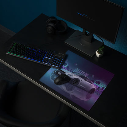 Nissan GT-R R35 Inspired Silver Purple Vaporwave Gaming Mouse Pad – Neon City Grid Desk Mat, Retro Futuristic JDM Sports Car Digital Art