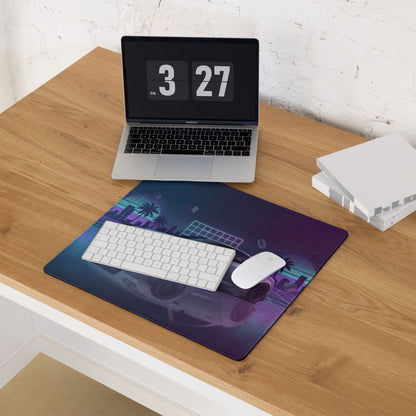 Nissan GT-R R35 Inspired Silver Purple Vaporwave Gaming Mouse Pad – Neon City Grid Desk Mat, Retro Futuristic JDM Sports Car Digital Art