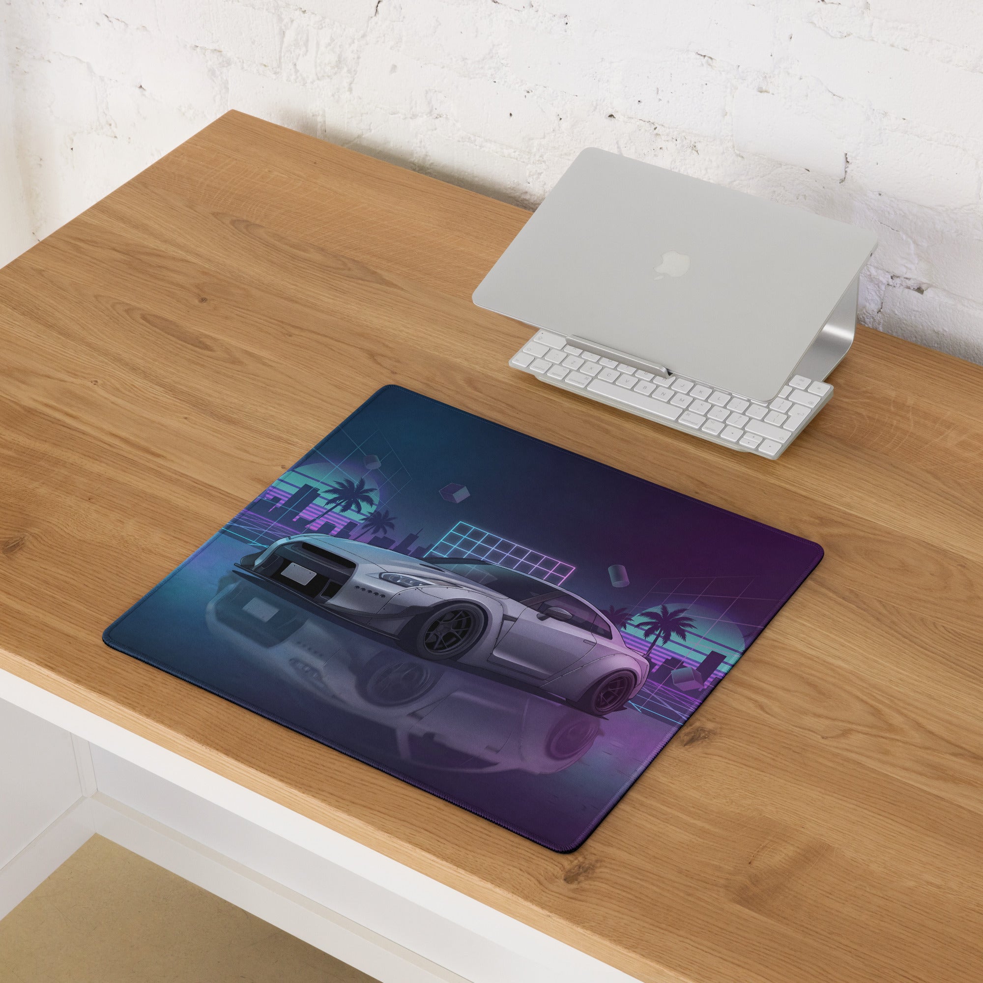 Nissan GT-R R35 Inspired Silver Purple Vaporwave Gaming Mouse Pad – Neon City Grid Desk Mat, Retro Futuristic JDM Sports Car Digital Art