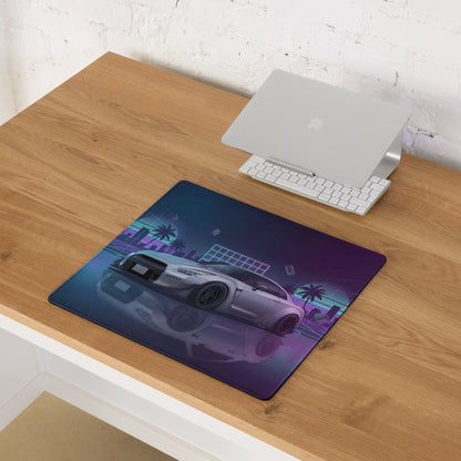 Nissan GT-R R35 Inspired Silver Purple Vaporwave Gaming Mouse Pad – Neon City Grid Desk Mat, Retro Futuristic JDM Sports Car Digital Art