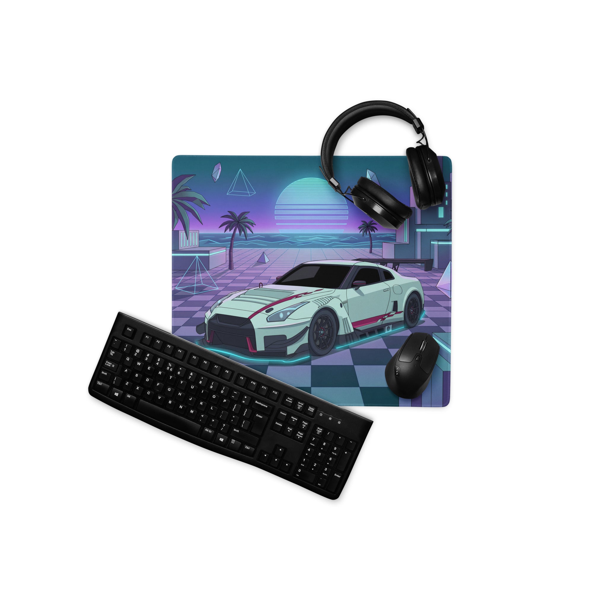 Nissan GT-R R35 Inspired White Cyan Vaporwave Gaming Mouse Pad – Neon Palm City Desk Mat, Retro Futuristic JDM Supercar Digital Artwork