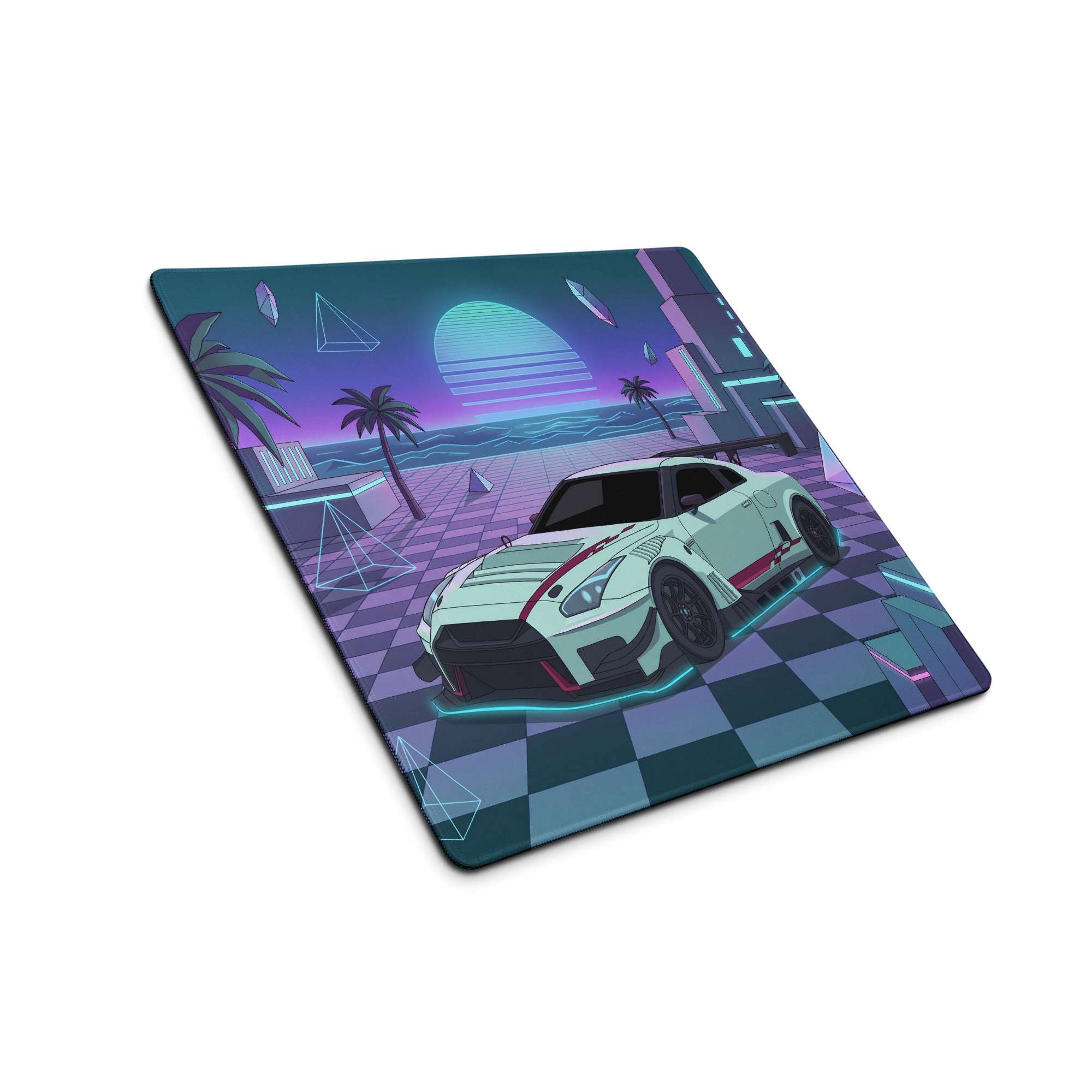Nissan GT-R R35 Inspired White Cyan Vaporwave Gaming Mouse Pad – Neon Palm City Desk Mat, Retro Futuristic JDM Supercar Digital Artwork