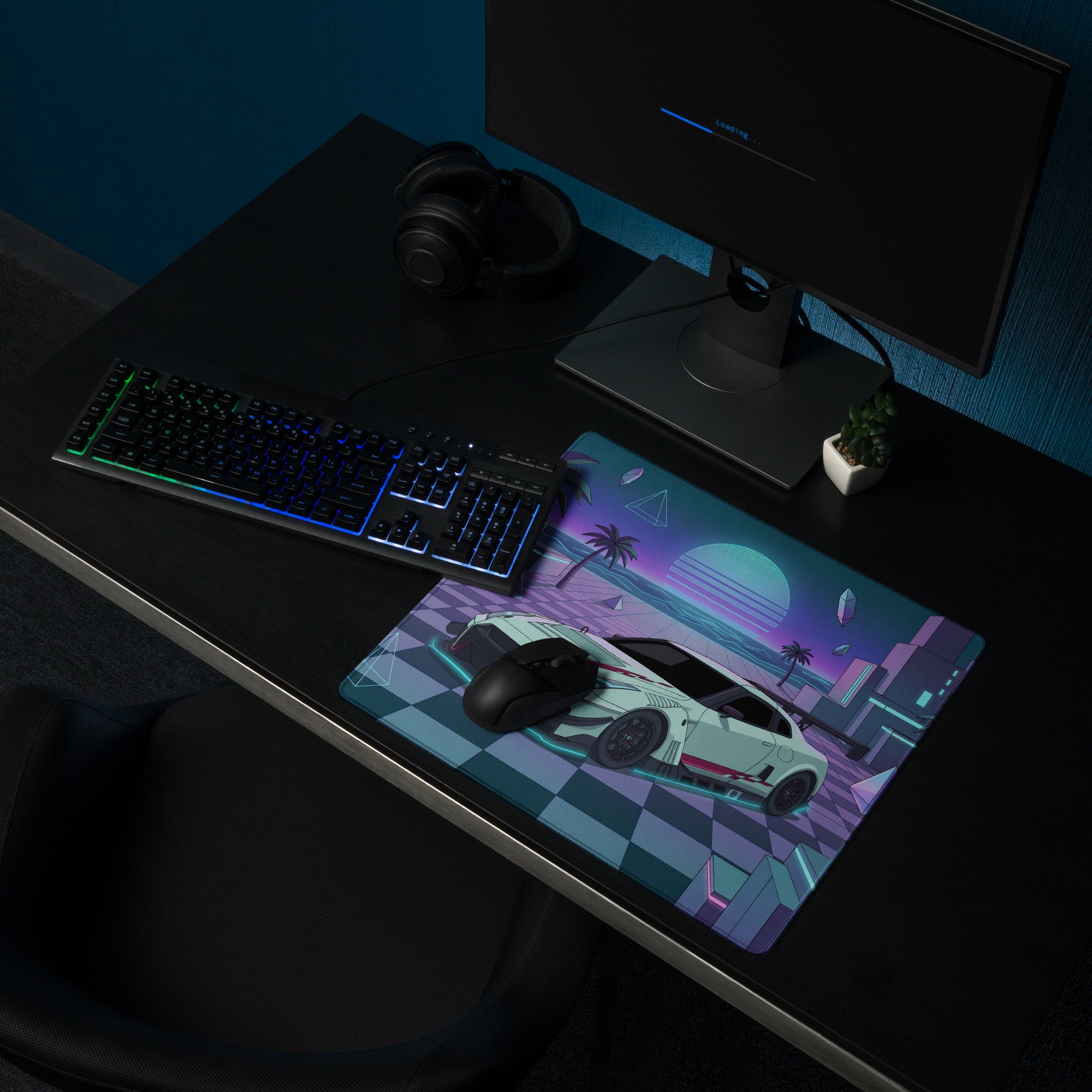 Nissan GT-R R35 Inspired White Cyan Vaporwave Gaming Mouse Pad – Neon Palm City Desk Mat, Retro Futuristic JDM Supercar Digital Artwork