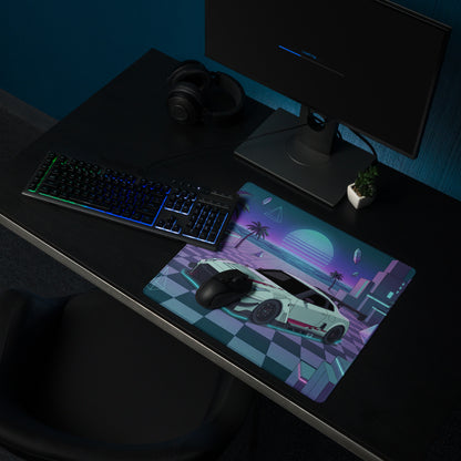 Nissan GT-R R35 Inspired White Cyan Vaporwave Gaming Mouse Pad – Neon Palm City Desk Mat, Retro Futuristic JDM Supercar Digital Artwork