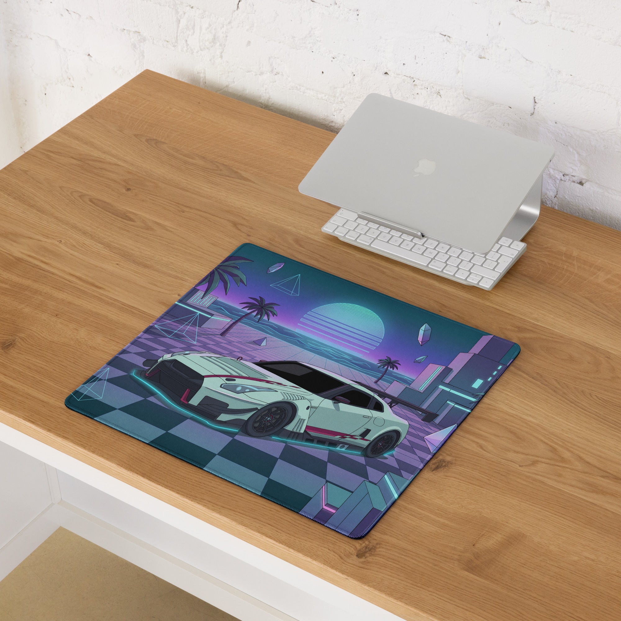 Nissan GT-R R35 Inspired White Cyan Vaporwave Gaming Mouse Pad – Neon Palm City Desk Mat, Retro Futuristic JDM Supercar Digital Artwork