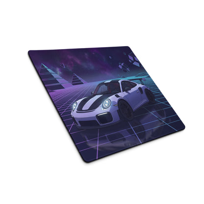 Porsche 911 GT2 RS Inspired White Purple Vaporwave Gaming Mouse Pad – Neon Cosmic Grid Desk Mat, Retro Futuristic Sports Car Digital Artwork