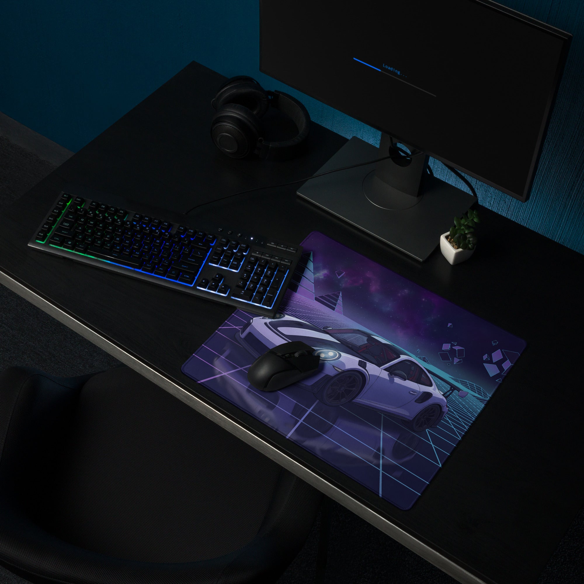 Porsche 911 GT2 RS Inspired White Purple Vaporwave Gaming Mouse Pad – Neon Cosmic Grid Desk Mat, Retro Futuristic Sports Car Digital Artwork