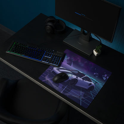 Porsche 911 GT2 RS Inspired White Purple Vaporwave Gaming Mouse Pad – Neon Cosmic Grid Desk Mat, Retro Futuristic Sports Car Digital Artwork