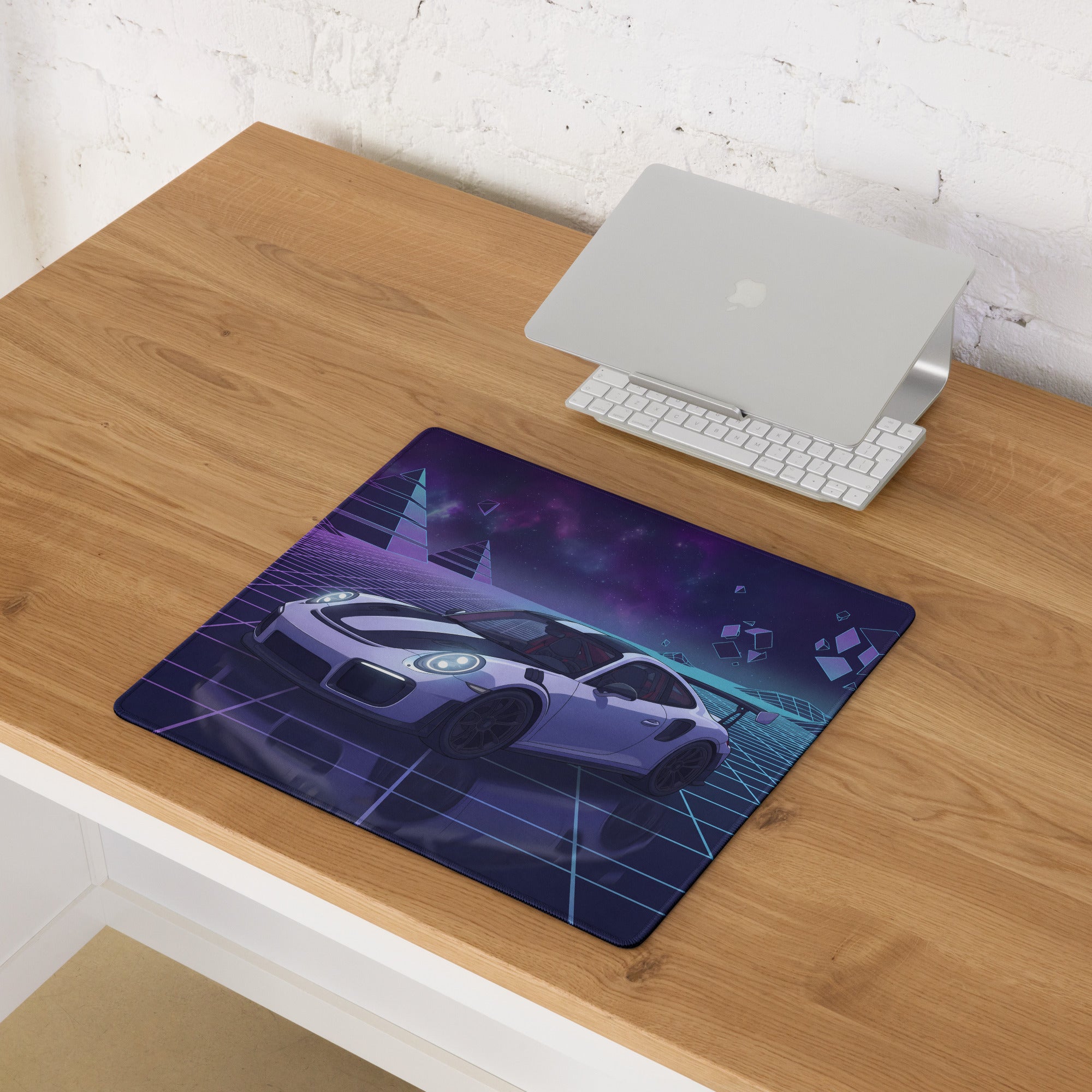 Porsche 911 GT2 RS Inspired White Purple Vaporwave Gaming Mouse Pad – Neon Cosmic Grid Desk Mat, Retro Futuristic Sports Car Digital Artwork