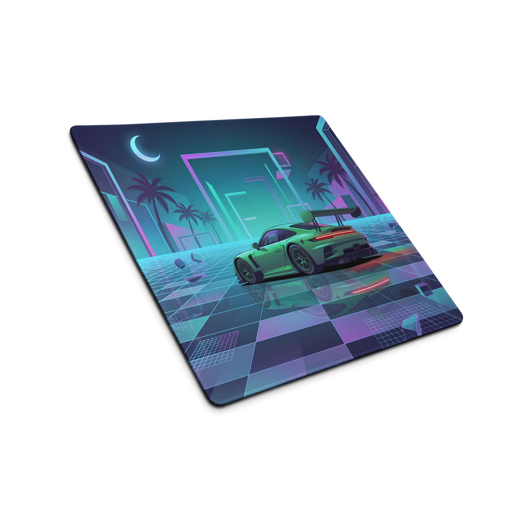 Porsche 911 GT3 R Inspired Green Cyan Vaporwave Gaming Mouse Pad – Neon Palm City Grid Desk Mat, Retro Futuristic Race Car Digital Artwork