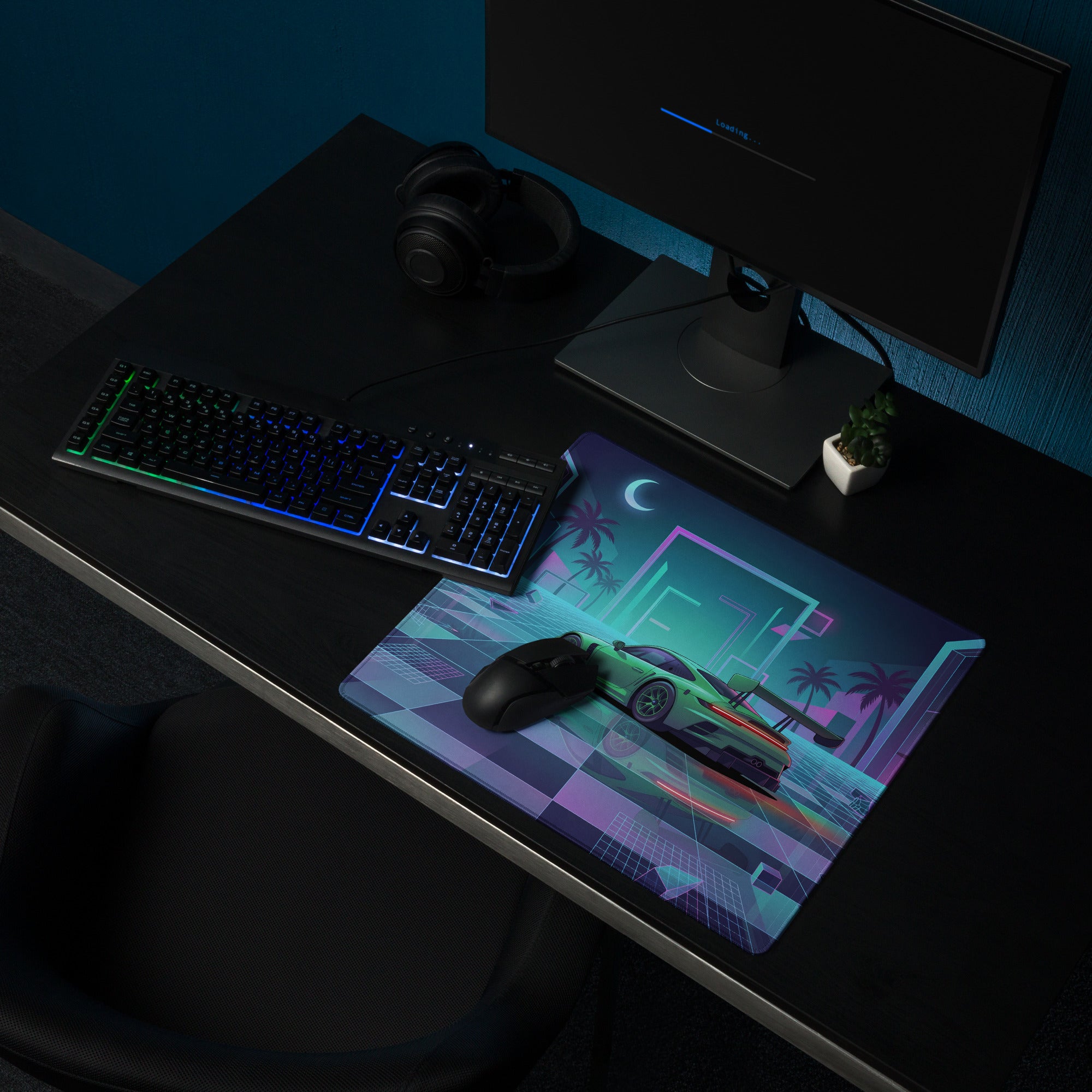 Porsche 911 GT3 R Inspired Green Cyan Vaporwave Gaming Mouse Pad – Neon Palm City Grid Desk Mat, Retro Futuristic Race Car Digital Artwork