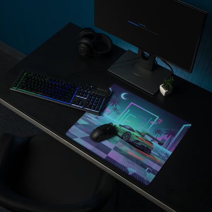 Porsche 911 GT3 R Inspired Green Cyan Vaporwave Gaming Mouse Pad – Neon Palm City Grid Desk Mat, Retro Futuristic Race Car Digital Artwork