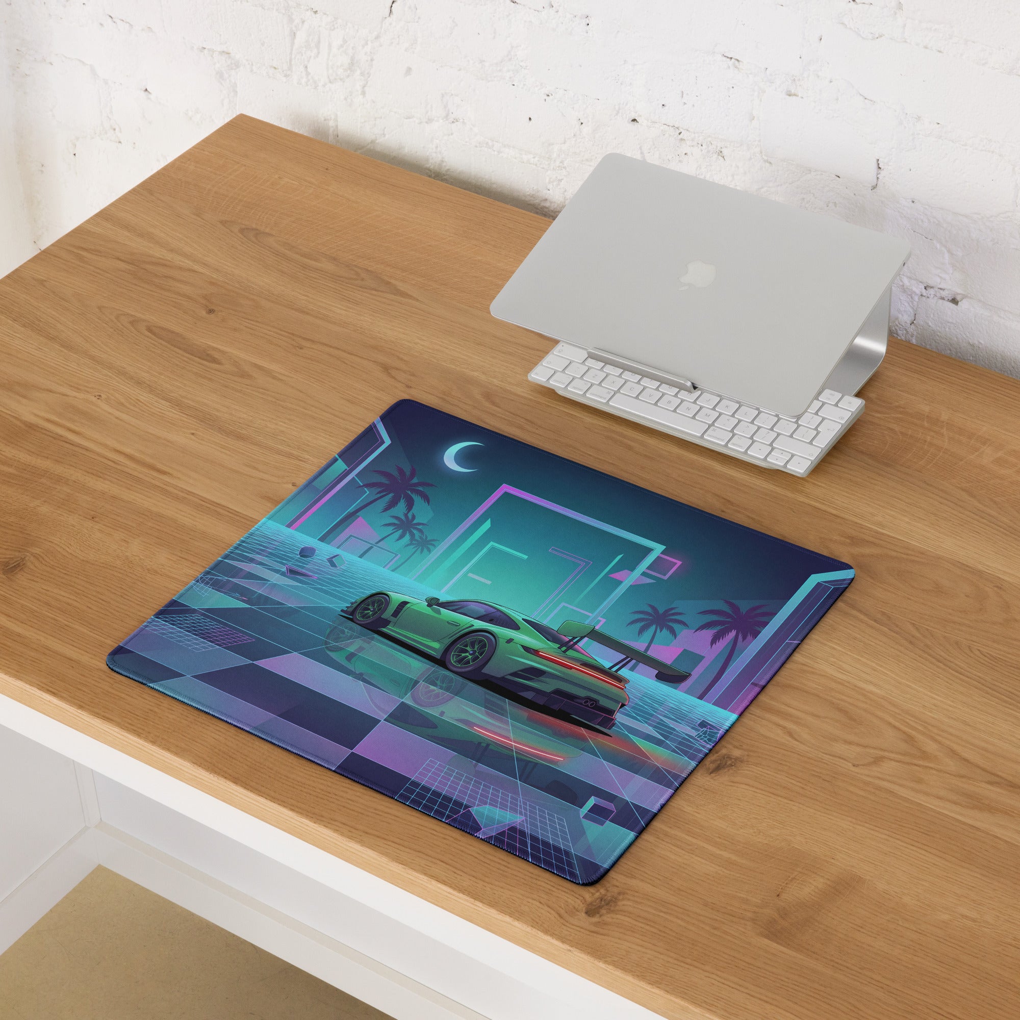 Porsche 911 GT3 R Inspired Green Cyan Vaporwave Gaming Mouse Pad – Neon Palm City Grid Desk Mat, Retro Futuristic Race Car Digital Artwork