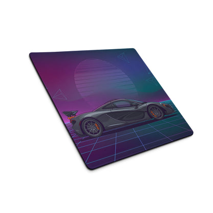 McLaren P1 GTR Inspired Gray Purple Vaporwave Gaming Mouse Pad – Neon Grid Sunset Desk Mat, Retro Futuristic Hypercar Digital Artwork