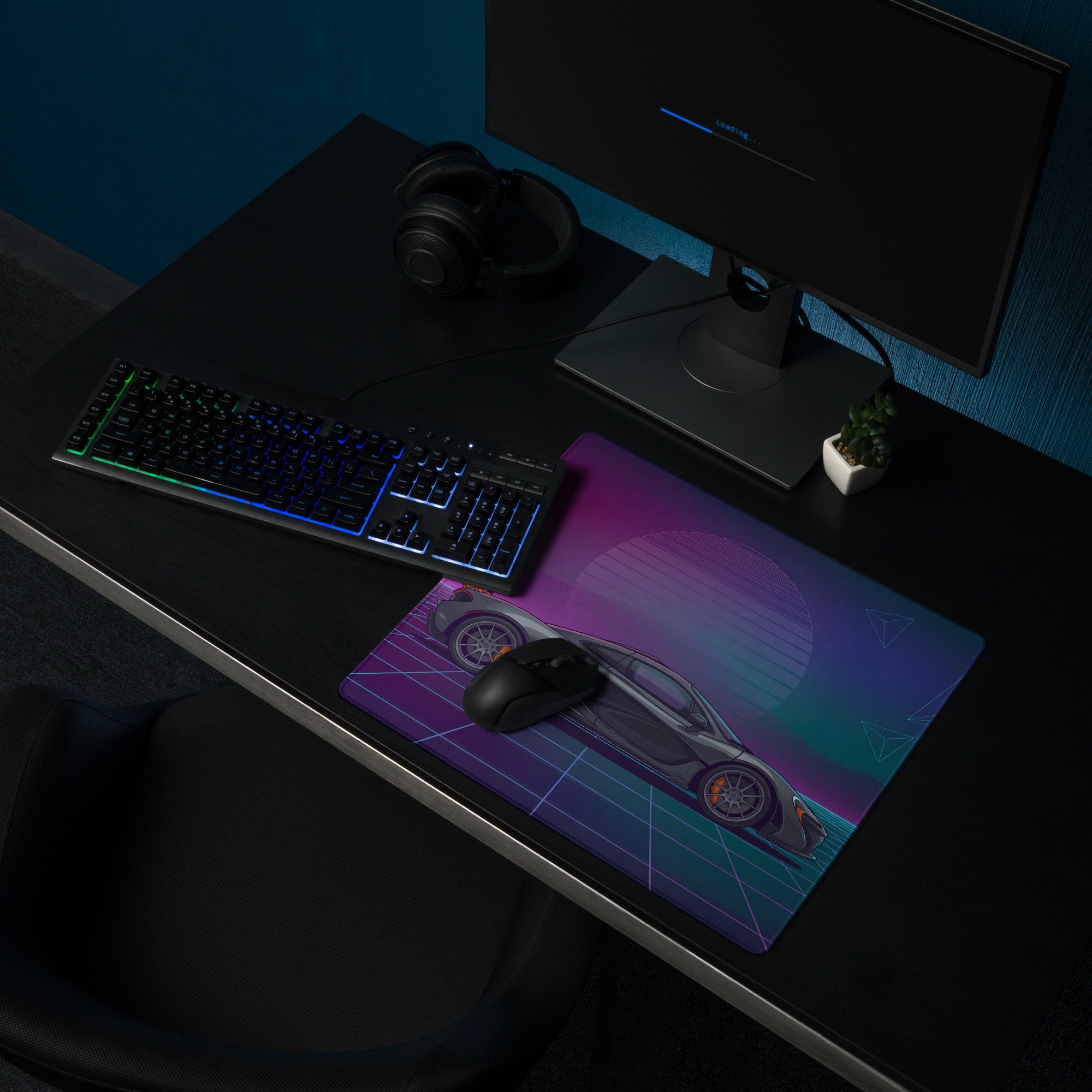McLaren P1 GTR Inspired Gray Purple Vaporwave Gaming Mouse Pad – Neon Grid Sunset Desk Mat, Retro Futuristic Hypercar Digital Artwork