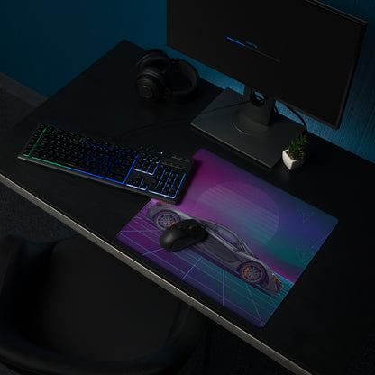 McLaren P1 GTR Inspired Gray Purple Vaporwave Gaming Mouse Pad – Neon Grid Sunset Desk Mat, Retro Futuristic Hypercar Digital Artwork