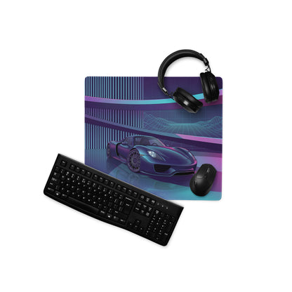 Porsche 918 Spyder Inspired Black Purple Vaporwave Gaming Mouse Pad – Neon Futuristic Garage Desk Mat, Retro Hypercar Digital Artwork
