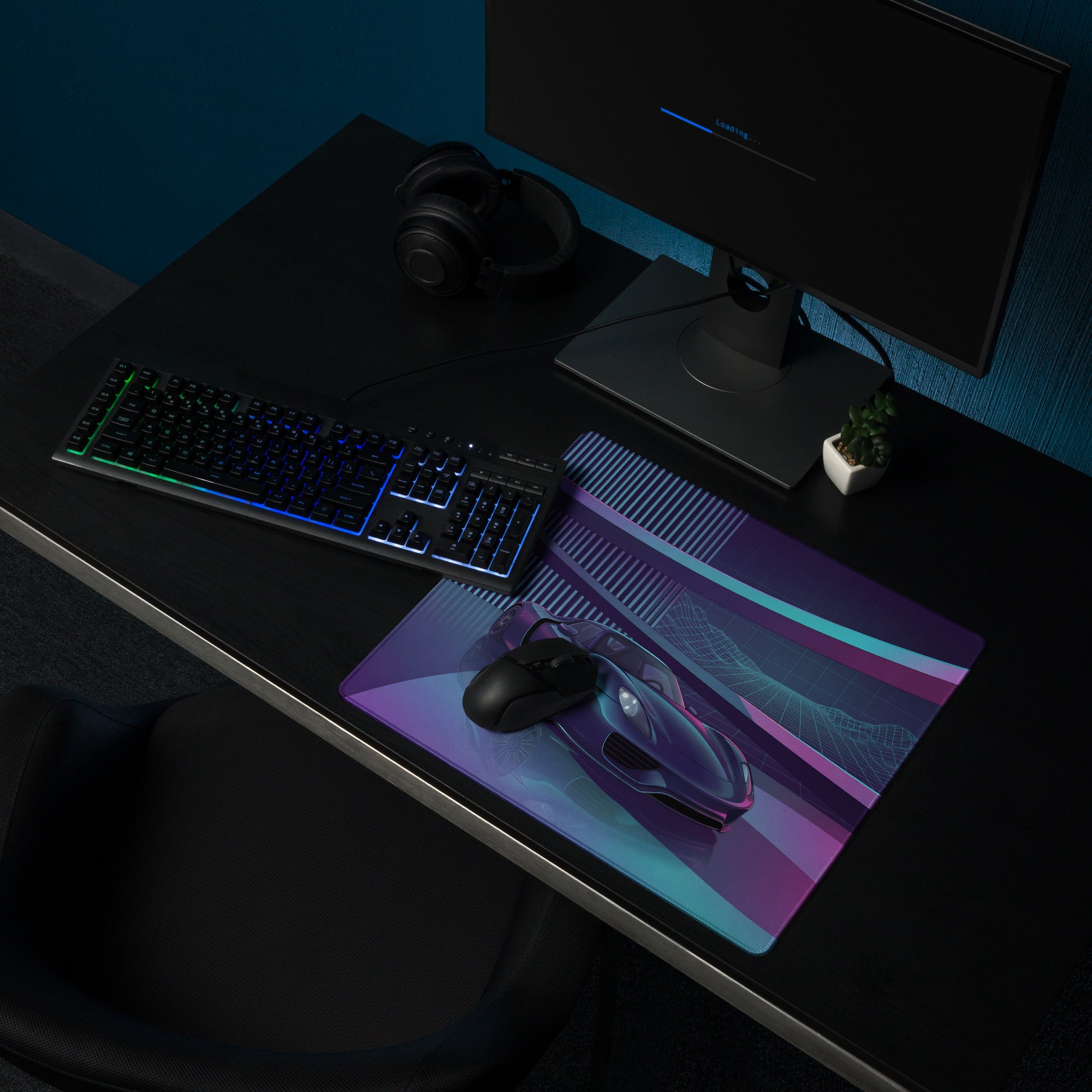 Porsche 918 Spyder Inspired Black Purple Vaporwave Gaming Mouse Pad – Neon Futuristic Garage Desk Mat, Retro Hypercar Digital Artwork