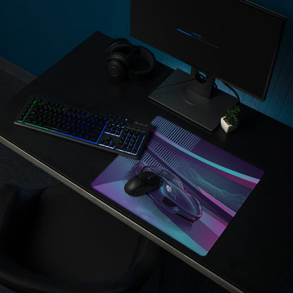 Porsche 918 Spyder Inspired Black Purple Vaporwave Gaming Mouse Pad – Neon Futuristic Garage Desk Mat, Retro Hypercar Digital Artwork