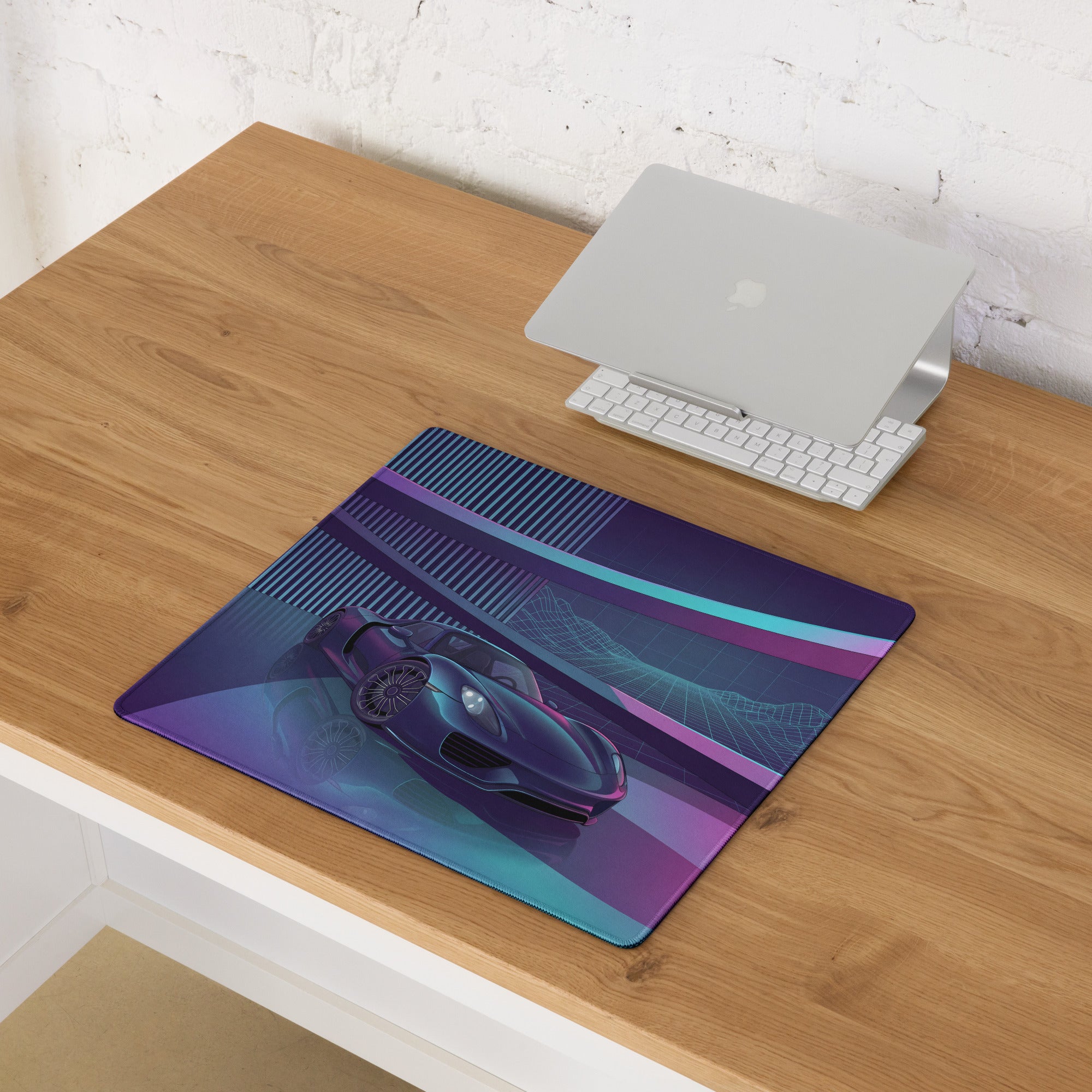 Porsche 918 Spyder Inspired Black Purple Vaporwave Gaming Mouse Pad – Neon Futuristic Garage Desk Mat, Retro Hypercar Digital Artwork