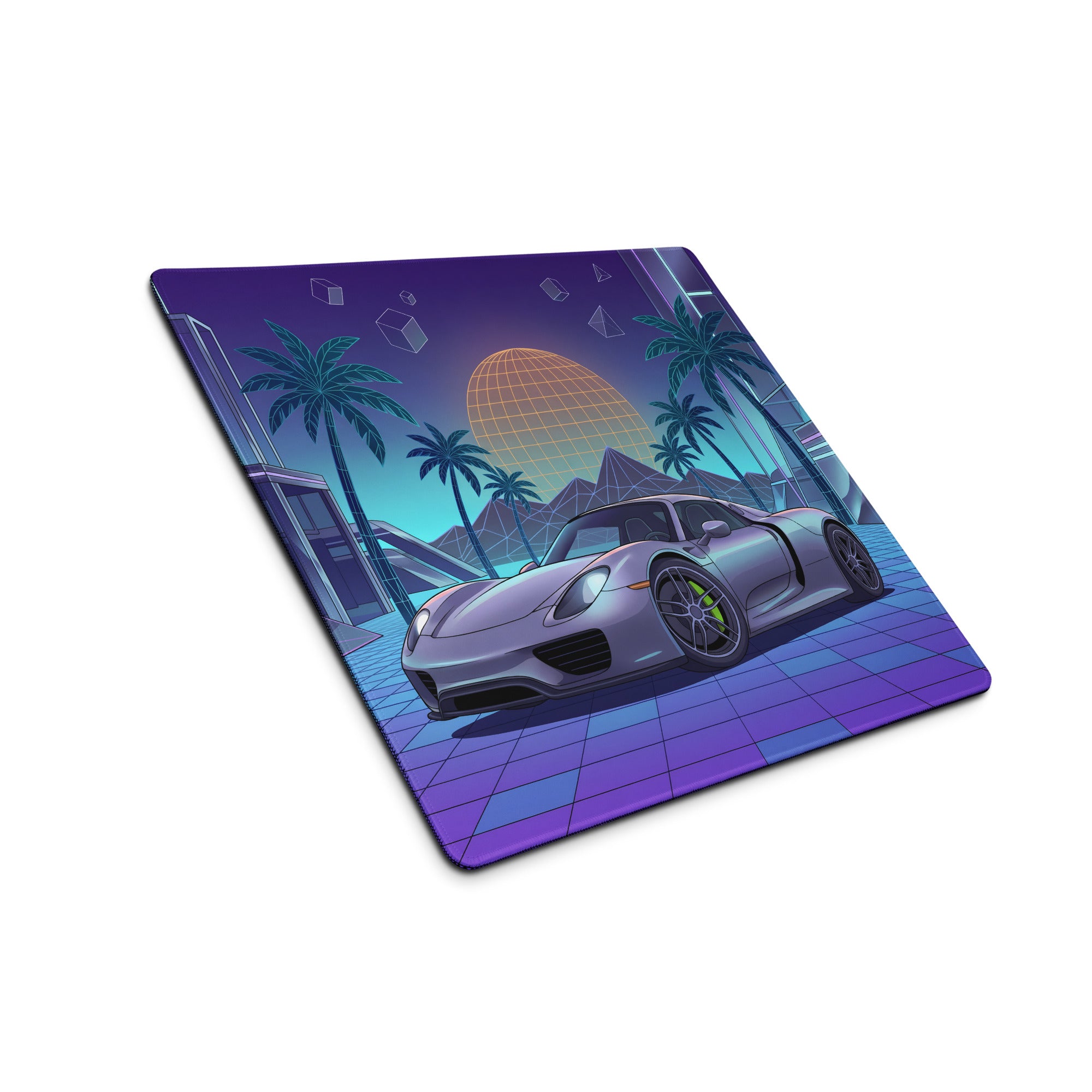 Porsche 918 Spyder Inspired Silver Purple Vaporwave Gaming Mouse Pad – Neon Palm City Grid Desk Mat, Retro Futuristic Hypercar Digital Artwork