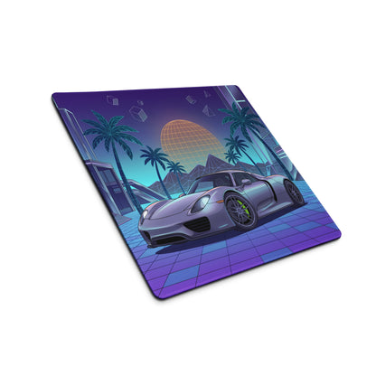 Porsche 918 Spyder Inspired Silver Purple Vaporwave Gaming Mouse Pad – Neon Palm City Grid Desk Mat, Retro Futuristic Hypercar Digital Artwork