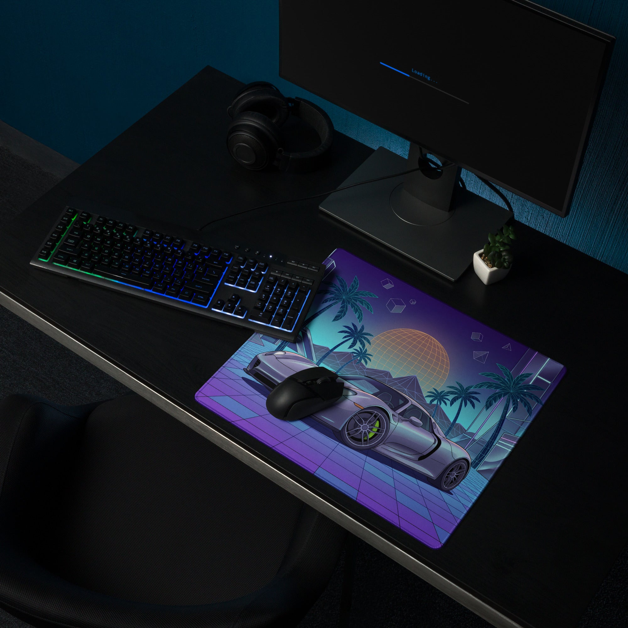 Porsche 918 Spyder Inspired Silver Purple Vaporwave Gaming Mouse Pad – Neon Palm City Grid Desk Mat, Retro Futuristic Hypercar Digital Artwork